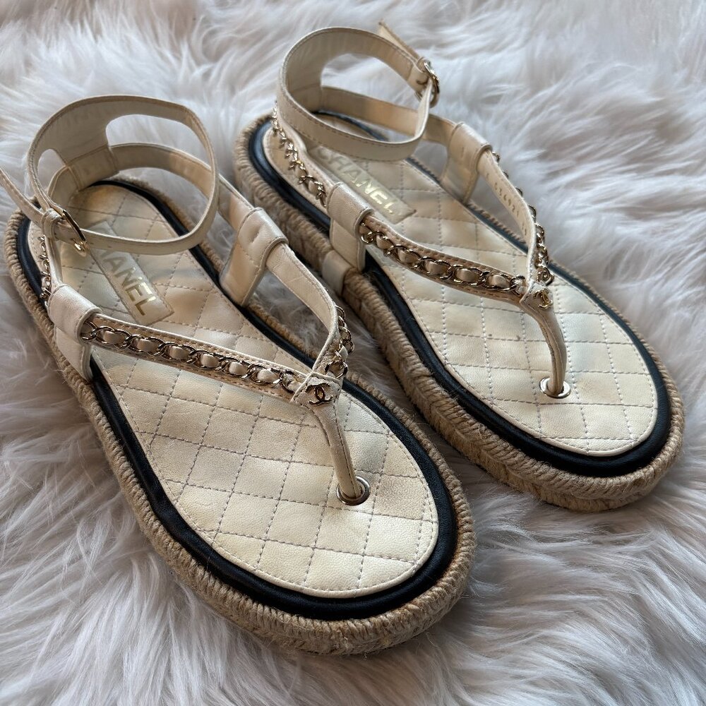 Chanel Cream Leather Sandals with Chain detail Size 39
